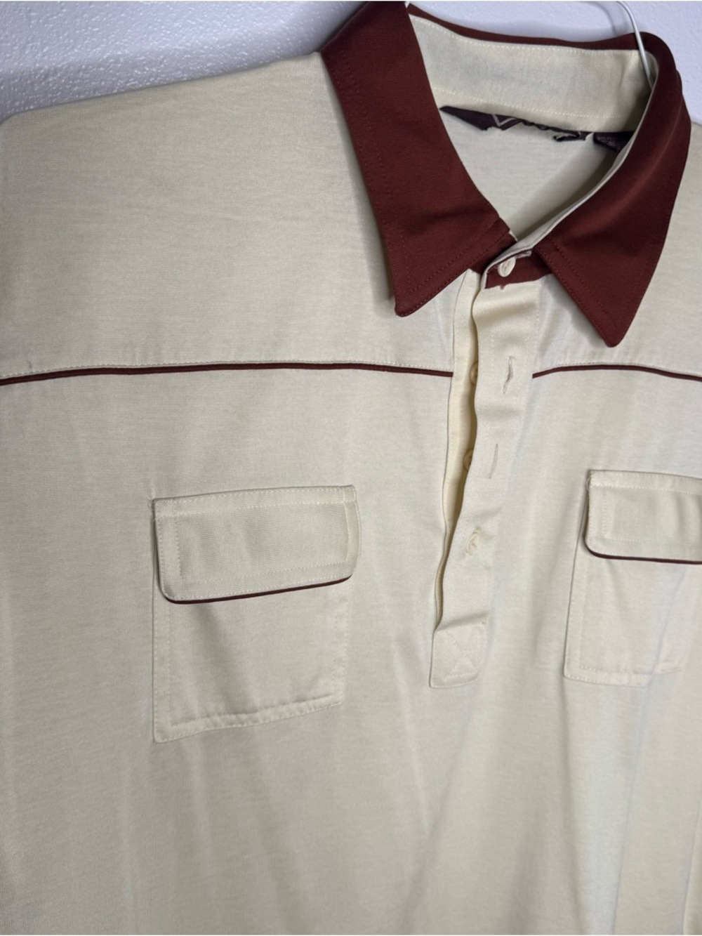 Vintage Men's Cream Private Club Polo Shirt with Brown Collar